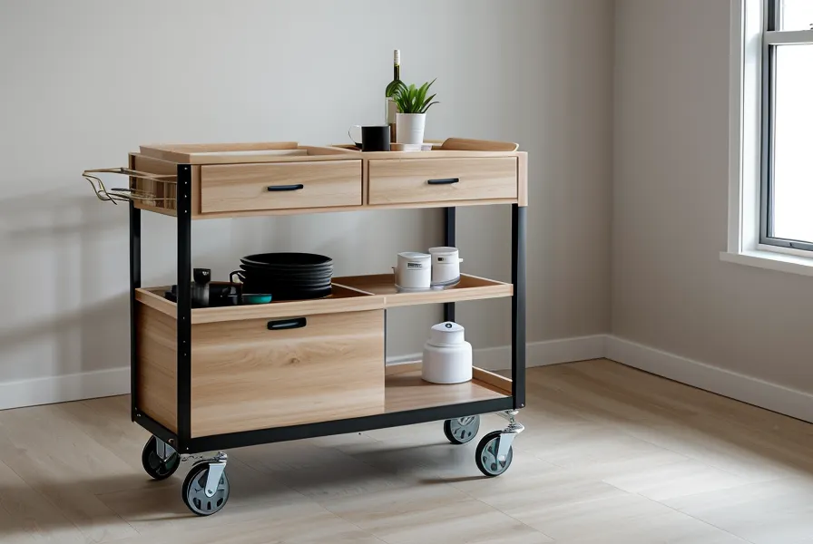 Chariot sensoriel mobile en bois pour une utilisation flexible en micro-crèche.