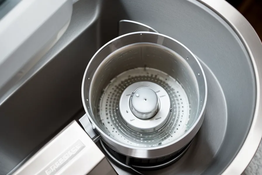 Détail d'une cuve en inox d'un robot culinaire professionnel pour crèche.