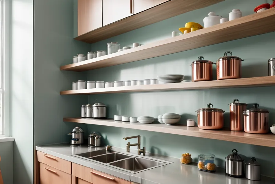Rangement organisé du matériel de cuisine dans une micro-crèche moderne.