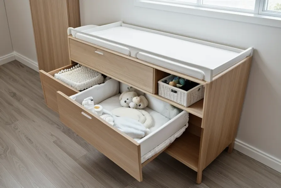 Détail d'une table à langer professionnelle équipée d'un escalier escamotable pour l'autonomie.