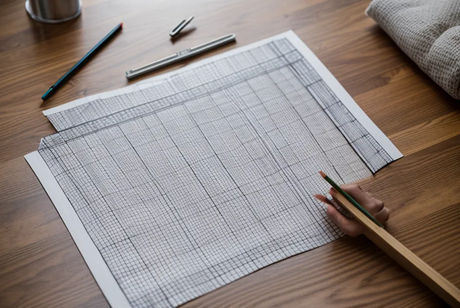 Plan dessiné à la main d'un dortoir de crèche sur papier millimétré.