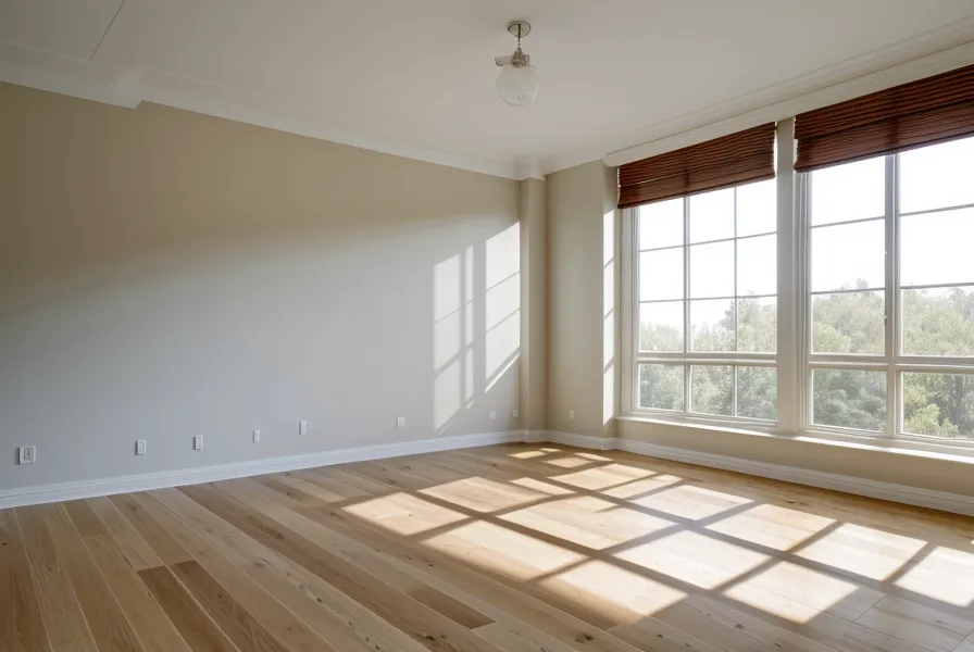 Pièce vide lumineuse avec parquet clair prête à être aménagée en dortoir.