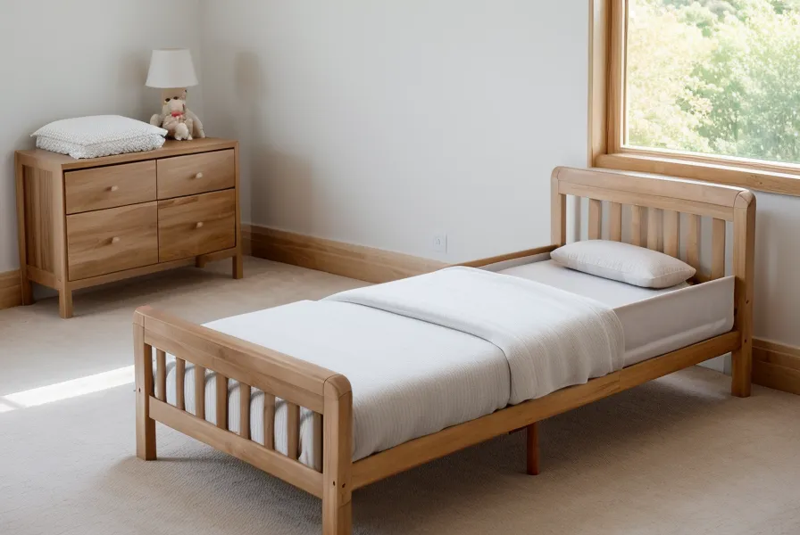 Détail d'un lit au sol en bois clair pour l'autonomie des jeunes enfants.